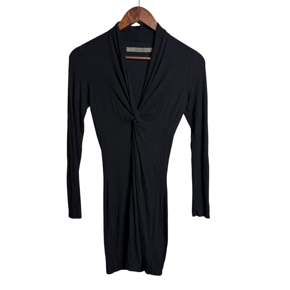 Enza Costa Rib Twist Front Long Sleeve Bodycon Mini Dress XS Silk Blend Black